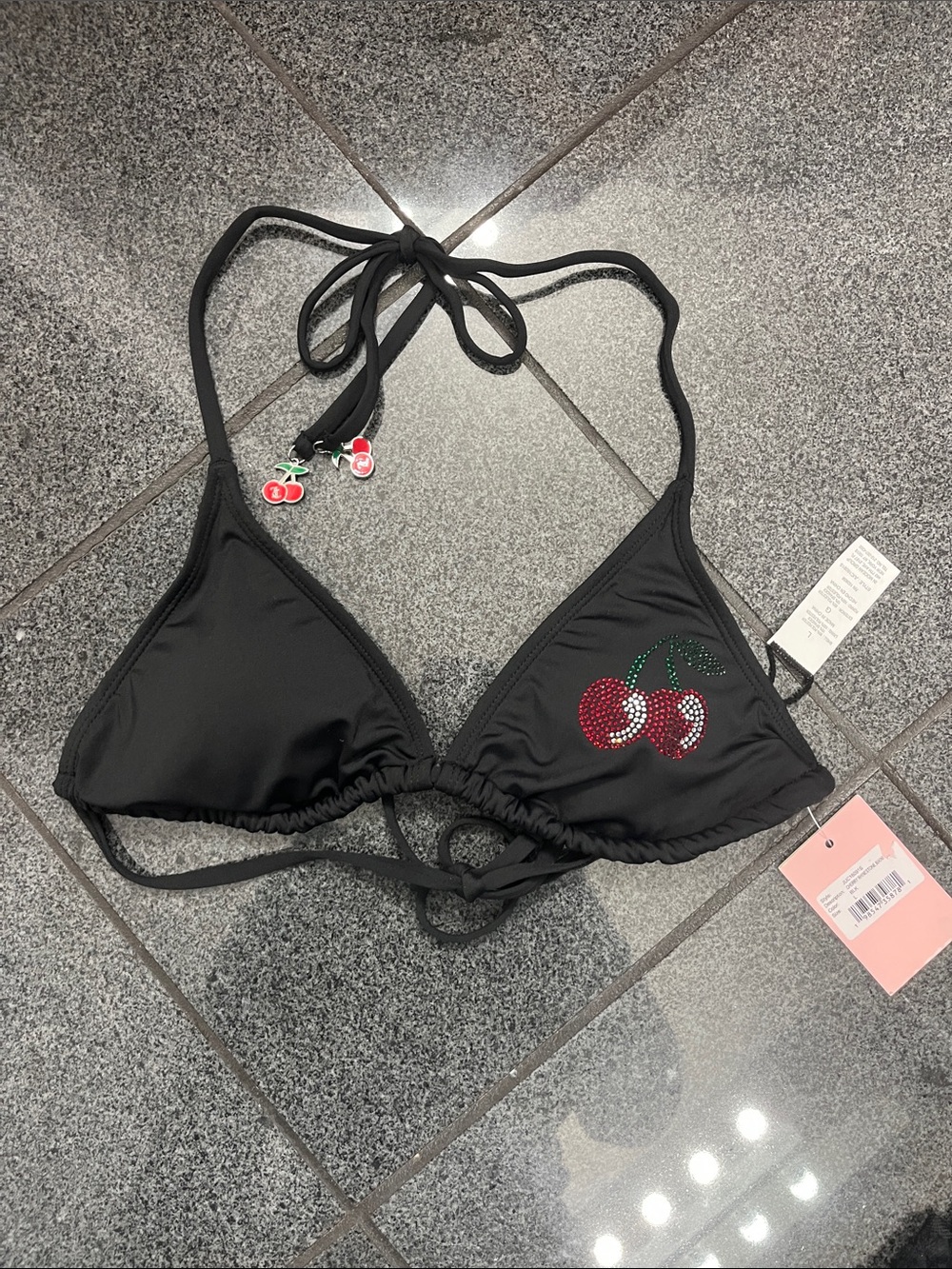 Juicy Couture Black Triangle Bikini Top with Red Cherry Accents